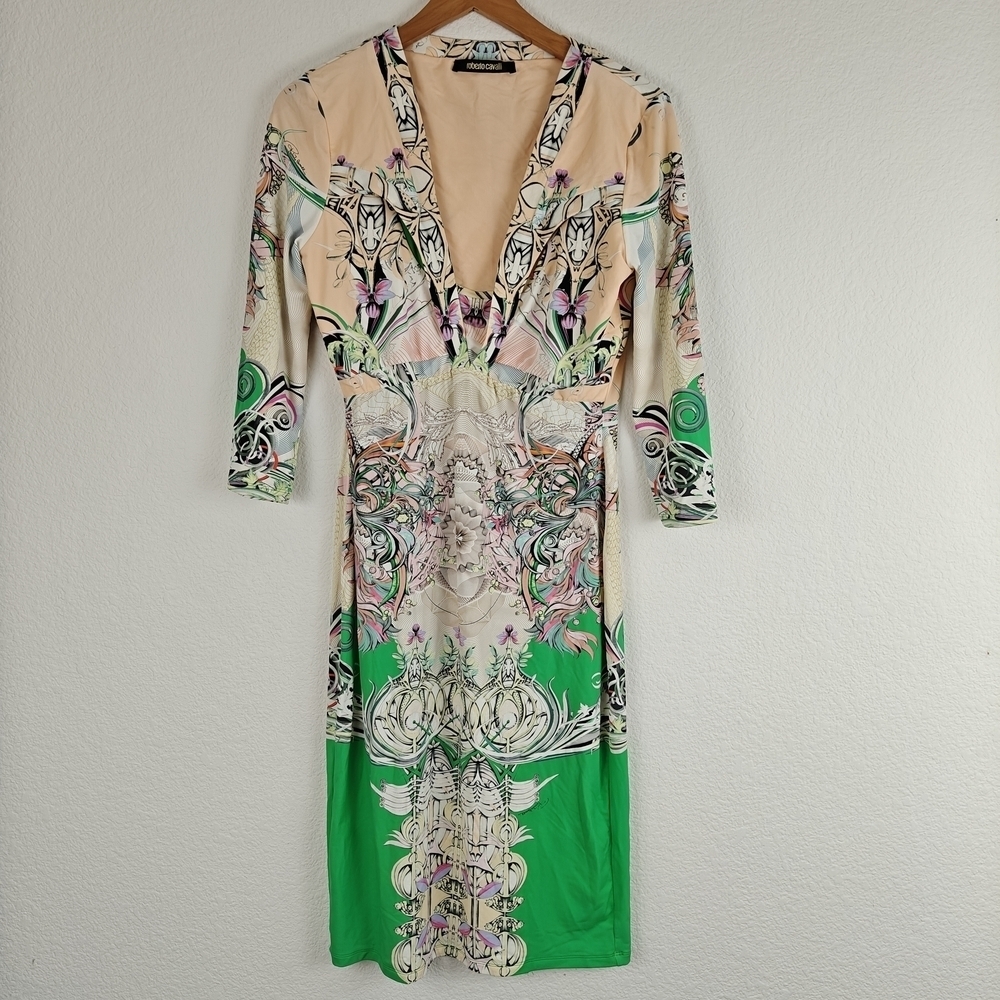 Roberto Cavalli Printed Sheath V-neck Mini 3/4 Sleeves Dress Size S